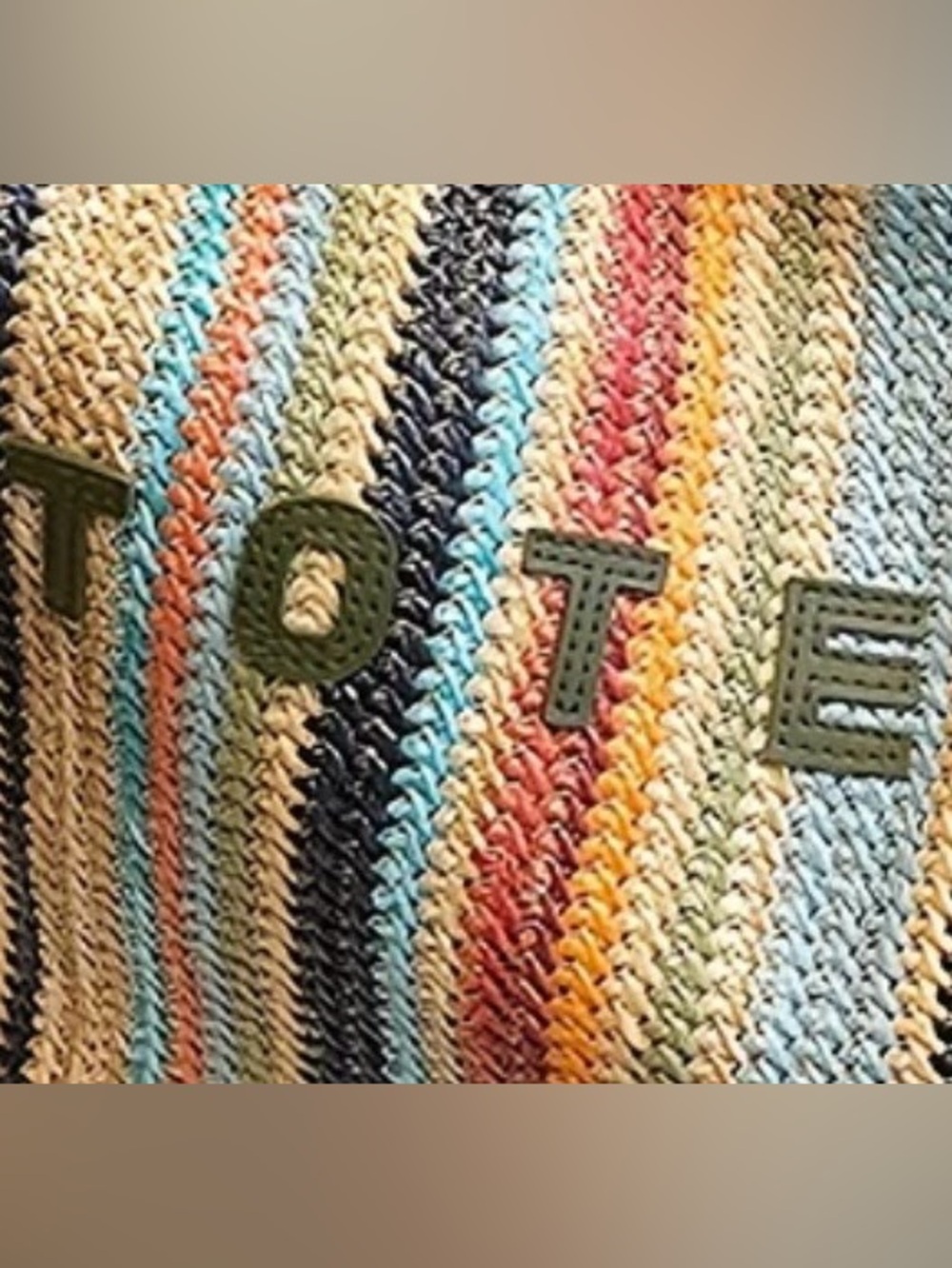 Tote Bag - Multicolor Striped Woven Tote with Olive Handles - Picture 2 of 4